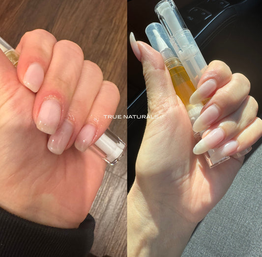 Side-by-side comparison of nails before and after with natural nail polish and a hand holding a nail oil pen 